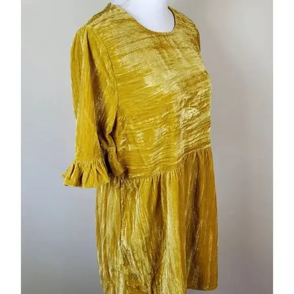 Melloday Womens Dress XS Golden Yellow Velvet Short Ruffle Sleeve Pullover - Picture 4 of 4
